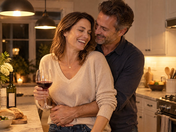 A couple laughing together in their kitchen